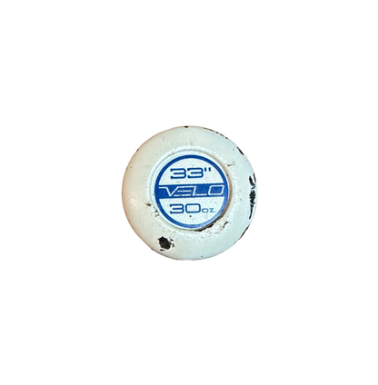 Used 2018 Rawlings Velo BBCOR Bat - 33”/30oz BB8V3 (Good Condition, White/Blue) Knob View