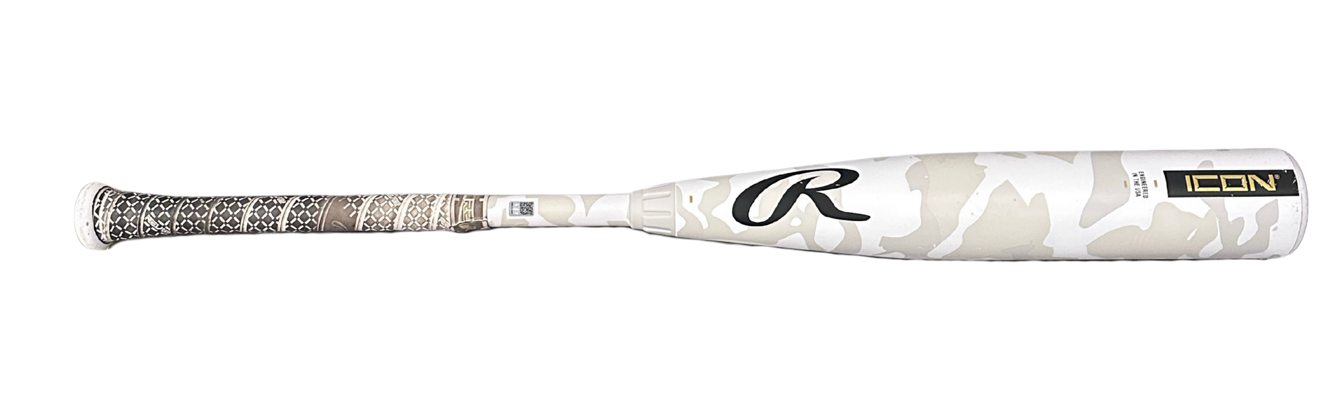 A Rawlings Icon baseball bat featuring a white and beige camouflage pattern on the barrel, a textured black and white grip, and a gold and black Icon logo near the end.