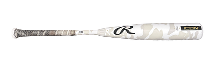 A Rawlings Icon baseball bat featuring a white and beige camouflage pattern on the barrel, a textured black and white grip, and a gold and black Icon logo near the end.
