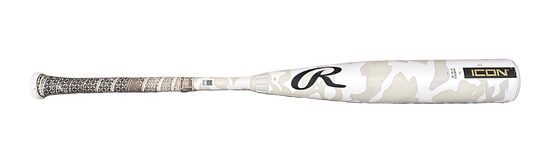 A Rawlings Icon baseball bat featuring a white and beige camouflage pattern on the barrel, a textured black and white grip, and a gold and black Icon logo near the end.